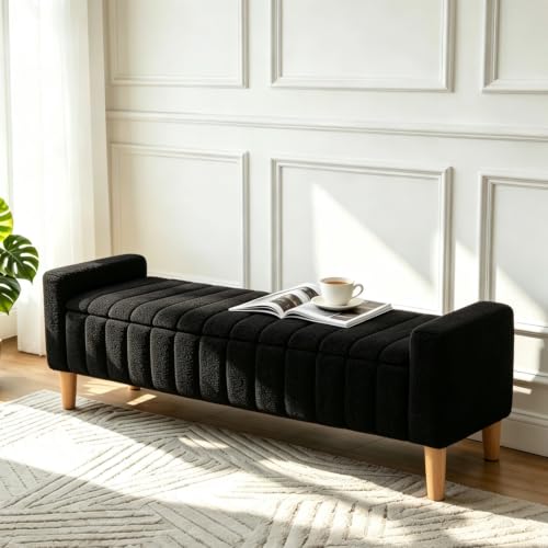 Aoiy & Wifon 63.4" W Large Storage Ottoman Bench, King Size End of Bed Storage Bench with Wood Legs, Upholstered Window Bench for Bedroom, Living Room, Entryway, Teddy Black - color: Teddy Black