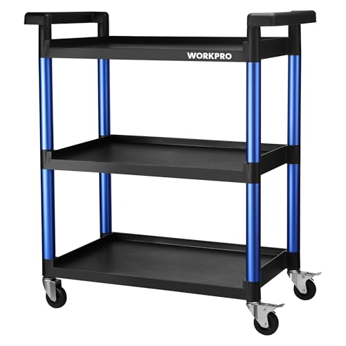 WORKPRO 3-Tier Service Utility Cart, 400LBS Plastic Rolling Cart with Handles & Lockable Wheels, Heavy Duty Storage Cart for Restaurant, Kitchen, Office, Garage, Warehouse - color: Black