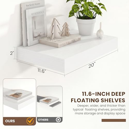 20 Inch Floating Shelves, 12'' Deep White Shelves for Wall Set of 2 | Invisible Brackets, Engineered Wood, Mounting Hardware Included, 35LBS, Bathroom, Laundry Room, Kitchen, Living Room - color: White, size: 20W x 11.6D x 2H, 2 Pack