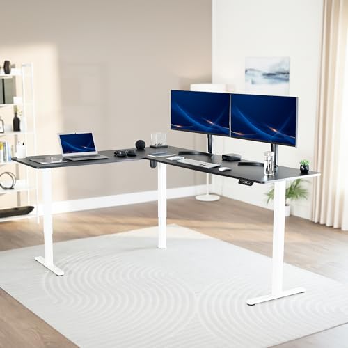 VIVO Black 84 x 63 in Corner Standing Desk, DESK-E3CTWB-84 | Electric, Holds 225 lbs, Large Reversible L-Shaped Table, Sit Stand, Height Adjustable, Memory Presets, White Frame - color: Black Top / White Frame, size: 84 x 63