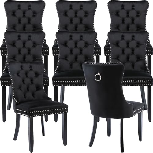 Black Velvet Dining Chairs Set of 8, Tufted Kitchen & Dining Room Chairs | Eight Fabric Tufted Dinning Chairs, Velvet Upholstered, Wing Back, Metal Pull Ring, Wood Frame, Mid Century Modern - color: B-1 Black Velvet, Wood Legs, size: 8