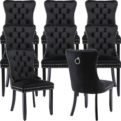 Black Velvet Dining Chairs Set of 8, Tufted Kitchen & Dining Room Chairs | Eight Fabric Tufted Dinning Chairs, Velvet Upholstered, Wing Back, Metal Pull Ring, Wood Frame, Mid Century Modern - color: B-1 Black Velvet, Wood Legs, size: 8