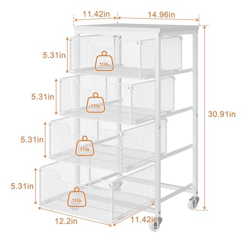 4-Tier Kitchen Storage Cart - Fruit Vegetable Storage Cart with Drawers, Wooden Top Metal Wire Kitchen Organizer and Storage Cart with Wheels to Storage Onions Potatoes Cans Snacks for Kitchen - size: 4-Tier White