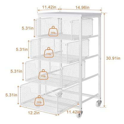 4-Tier Kitchen Storage Cart - Fruit Vegetable Storage Cart with Drawers, Wooden Top Metal Wire Kitchen Organizer and Storage Cart with Wheels to Storage Onions Potatoes Cans Snacks for Kitchen - size: 4-Tier White