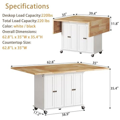 62.8 INCH Rolling Kitchen Island Cart with Double Drop Leaf, Small Mobile Kitchen Cart on Wheels, Folding Kitchen Island with Large Tbletop, Adjustable Shelves for Dining Room - color: White