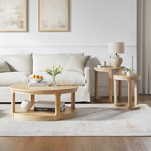 24" Round Nesting Coffee Table Set of 2, Solid Wood Coffee Tables Mid Century Rustic Farmhouse Side End Tea Table for Living Room, Apartment (Oak) - color: 24" Oak
