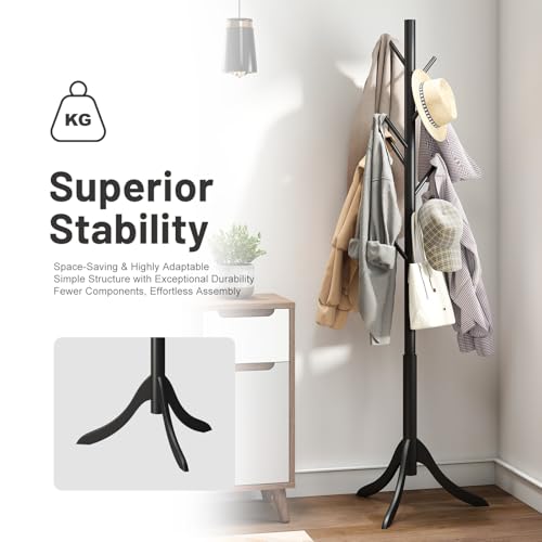 kiplant Black Coat Rack Stand, Bamboo Wood Freestanding Coat Tree with 8 Hooks, Hallway Entryway Hat Hanger Organizer Standing for Bedroom, Office, Clothes, Jackets, Bags, Umbrallas - color: Black