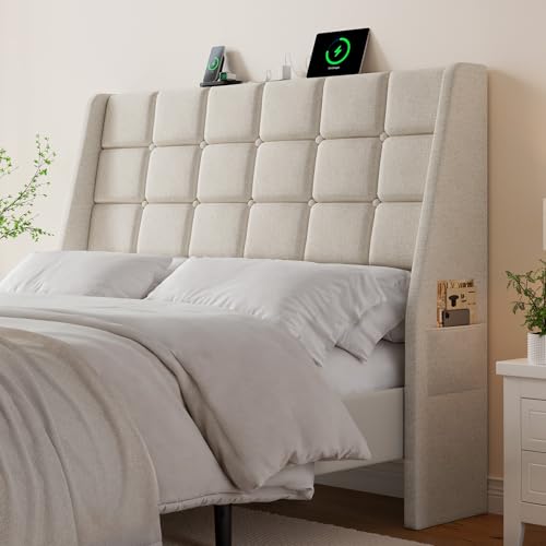 Ergonomic Upholstered Headboard Full Size w/Charging Station, Linen Wingback Headboards w/Storage Pocket, Full Headboard Only, Bed Frame Adapters, Sturdy Stable Solid Wood Bed Head Board, Beige - color: White Beige, size: Full