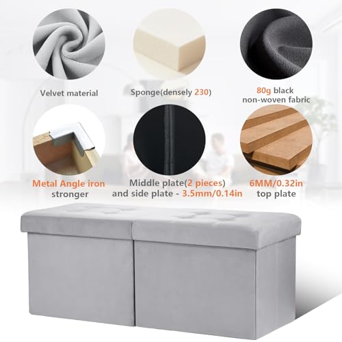 AmasSmile Footrest Ottoman Storage Bench,34" Velvet Folding Chest,Grey | Large Ottoman with Storage,Thicker Foam Padded Seat,Livingroom,Dorm,Bedroom,Entryway,Easy to install,34 x 13 x 13in - color: Grey-velvet