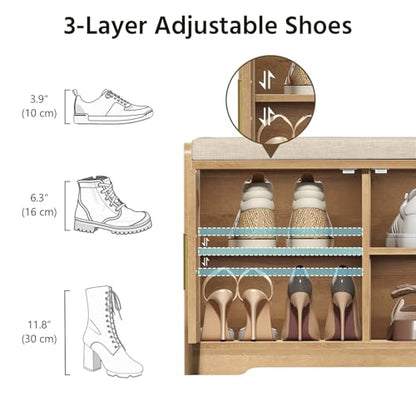 39.4" Shoe Storage Bench with Seating Cushion, Fluted 2-Tier Entryway Bench with 3 Doors & Adjustable Shelves, Shoe Cabinet Bench for Entryway, Hallway, Bedroom and Living Room - color: Natural