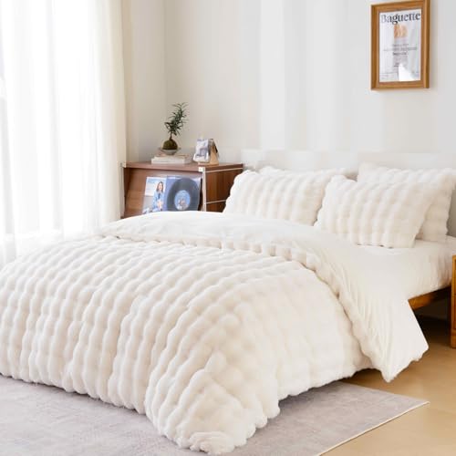 Fluffy White Duvet Cover Twin Set, Soft Shaggy Plush Rabbit Bedding Set 2 Pieces (1 Fuzzy Comforter Cover + 1 Faux Fur Pillow Cases) Zipper Closure（White, Twin） - color: White, size: Twin