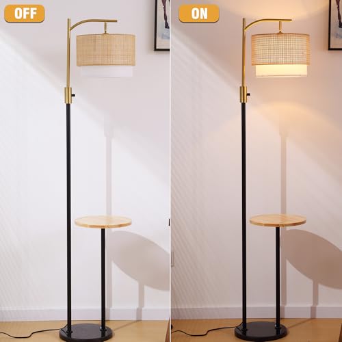Dimmable Floor Lamp with Table and Marble Base, Arc Floor Lamp with Bulb, Boho Farmhouse Standing lamp with Fabric & Bamboo Shades for Living Room Bedroom - color: Black and Gold 03