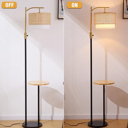 Dimmable Floor Lamp with Table and Marble Base, Arc Floor Lamp with Bulb, Boho Farmhouse Standing lamp with Fabric & Bamboo Shades for Living Room Bedroom - color: Black and Gold 03