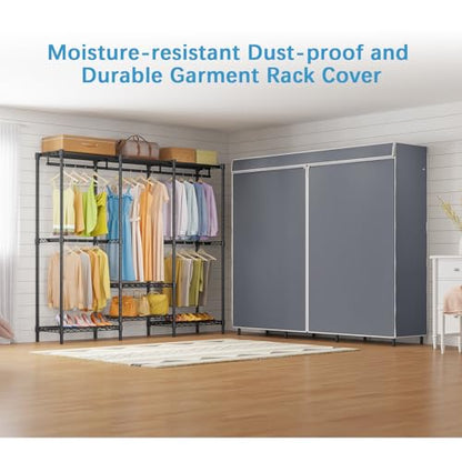 VIPEK V5C SE Covered Garment Rack Heavy Duty Clothes Rack with Cover and Adjustable Shelves, Freestanding Portable Closet Racks Clothes Storage Wardrobe Closets, Black Clothing Racks with Grey Cover