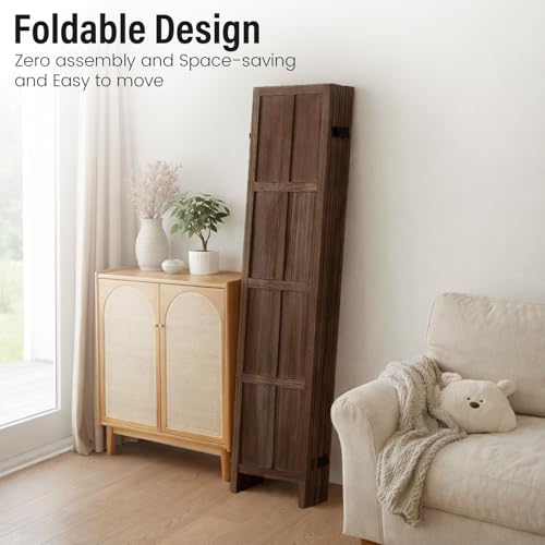 6 Panel Wood Room Divider and Folding Privacy Screen 67″, Brown | Solid Paulownia Wood Room Partition with 360° Hinges, Freestanding Wall Divider for Room Separation, Home, Bedroom, Office - color: 6 Panels Brown, size: 6 Panels