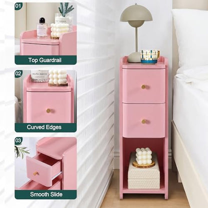 Narrow Nightstand Set of 2, Wooden Small 2 Drawer Nightstand, Slim Side End Table, Skinny Bedside Table, Mid Century Modern Night Stand with Drawers for Bedroom (Pink-1 pc) - color: Pink-1 Pc