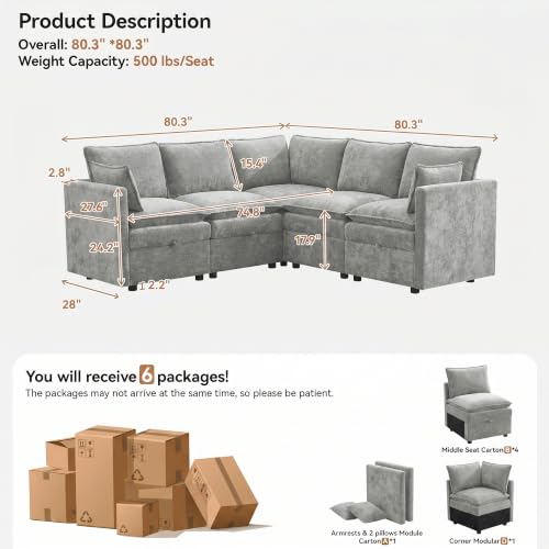 80" Light Grey Modular Storage Sofa, V Shaped Chenille Cloud Couch | Oversized Convertible Sectional Sofa, 5-Seat Sectional Couch With Armrests, Large Cloud Couch For Living Room, Apartment. - color: Light Grey, size: 80"V-Shape Sofa