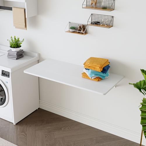 Modern Wall-Mounted Folding Table, Solid Wood, White and Natural Oak, 45x22 Inches, Collapsible Space-Saving Design for Home Office, Laundry Room (White Wodd) - color: White Wodd