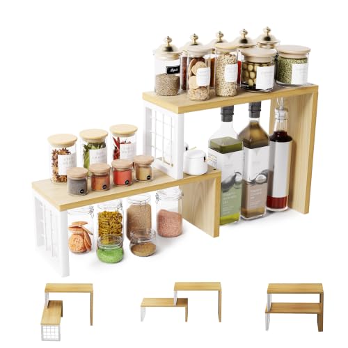 Kitchen Countertop Organizer, 2 Tier Corner Counter Shelf, Beige | Adjustable Cabinet Organizer Shelf, Spice Rack, for Kitchen, Coffee Station, Stackable, Expandable, Fits Corners - color: Beige