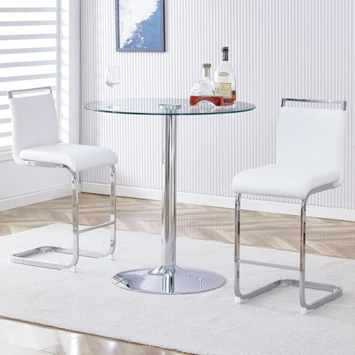 gopop 3 Piece Dining Table Set for 2, Modern Round Glass Counter Height Pub Table, Compact High Top with Bar Stools Pub Dining Set for Kitchen, Breakfast Room, Dining Room. (White, 3 Piece) - color: White