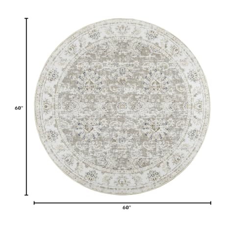 jinchan Round Rug 5ft Area Rugs Vintage Floral Distressed Design - Machine Washable Non-Slip Low-Pile Ultra-Thin Circle Rug for Entryway Bedside Living Room Dining Room Bedroom (5' Round,Taupe)