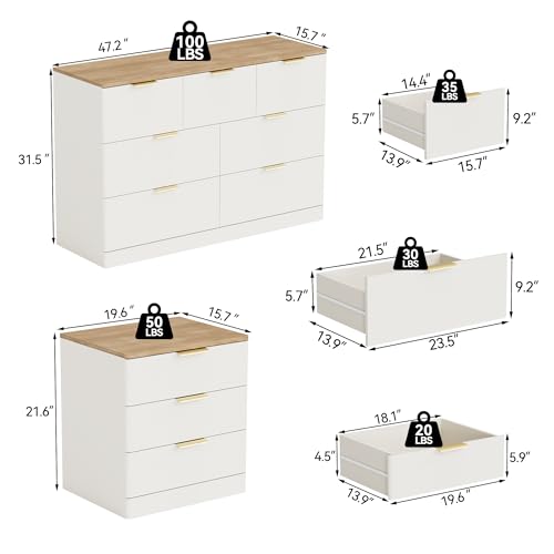 7 Drawer Dresser for Bedroom, 47.2" Wide Modern Chest of Drawers with 7 Large Storage Space with Curved Edge Design, Large Dresser w/Gold Metal Handles for Bedroom, White& Brown - color: White & Brown, size: 15.7"D x 47.2"W x 31.5"H (7 Drawers)