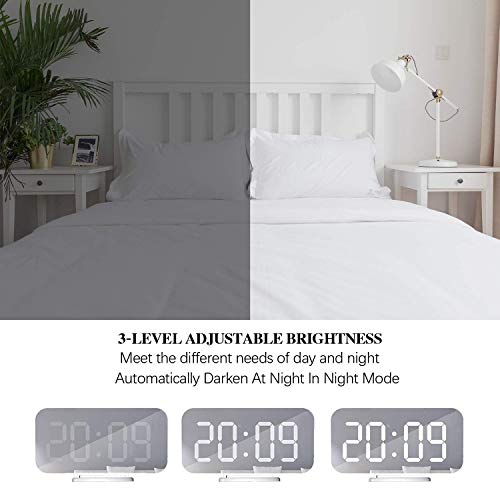 Miowachi White Digital Alarm Clock for Bedrooms, Small Desk Table Bedside Nightstand Cute Decorative LED Mirror Clock for Home Room Office Vanity, USB Charger