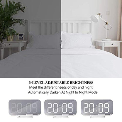 Miowachi White Digital Alarm Clock for Bedrooms, Small Desk Table Bedside Nightstand Cute Decorative LED Mirror Clock for Home Room Office Vanity, USB Charger