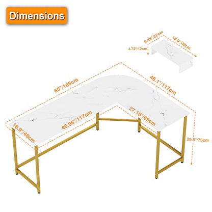 L Shaped Computer Desk with Monitor Stand Reversible White and Gold | Reversible Modern Corner Desk for Home Office Sturdy PC Workstation Study Writing Table