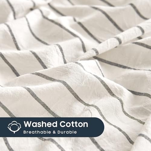 Wake In Cloud - Striped Cotton Duvet Cover Set, Ticking Stripe Vertical Pinstripe Farmhouse, 100% Washed Cotton Textured Bedding Set, 3 Pieces, White, Full Size - color: White, size: Full