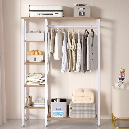 VECELO Open Garment Clothing Rack, Free-Standing Heavy Duty Storage Closet with 5 Shelves and Hanging Rod for Small Spaces, Max Load 350LBS, White Oak - color: White Oak
