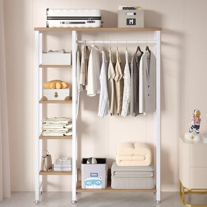 VECELO Open Garment Clothing Rack, Free-Standing Heavy Duty Storage Closet with 5 Shelves and Hanging Rod for Small Spaces, Max Load 350LBS, White Oak - color: White Oak