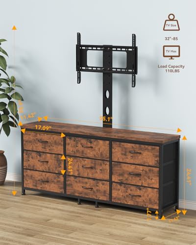 TV Stand with Mount for 32/55/65/75/85 inch TVs, Entertainment Center with 9 Fabric Drawers Dresser Storage, Height Adjustable Media Console - color: Rustic Brown