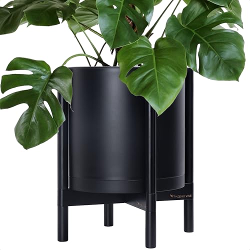 D'vine Dev Plastic Pot with Ebony Wood Stand, Black, 14 in, 55-C-T-2 | Mid-Century Inspired Design, Elevated Plant Display, Clean Lines, Sturdy Support, Modern Space-Saving Style - color: Matte Black Pot + Ebony Stand, size: 14 Inch