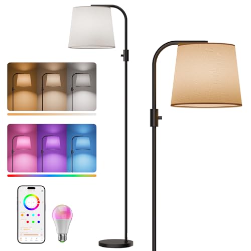 Smart RGB Arc Floor Lamp, 65", App Control, Compatible with Alexa | 2700K-6000K tunable white, 1%-100% dimmable, music sync, 1200lm, 350° swivel woven linen shade, no account required - color: Black, size: 65"(App Control)