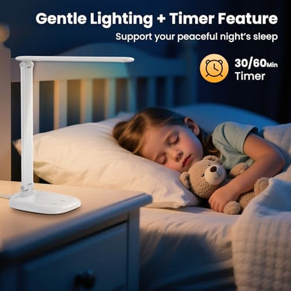 Desk Lamp with Charger, 10%-100% Stepless Dimmable & 5 Color Modes Study Lamp, Touch Control, 30-/60-minute Timer, USB Charging Output Port, CRI≥90, Eye-Caring Foldable LED Desk Lamps for Home Office - color: White-US