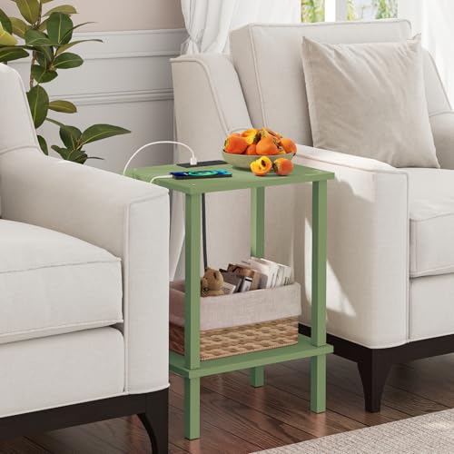 TUTOTAK End Table with Charging Station, Side Table Set of 2, Nightstand | 2-Tier Storage Shelf, Bedside Table with USB Ports, Sofa Table for Small Space, Livingroom, Bedroom Olive Green TB01BOG041 - color: Olive Green