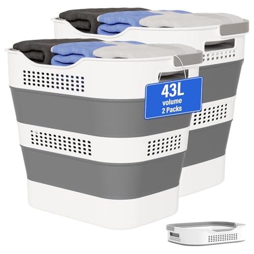 OOAMBB 43L+43L Collapsible Laundry Baskets plastic (Grey, 2 Packs) | Pop Up Laundry hamper/Storage Container, Foldable Laundry Basket with Handles, Durable,Space Saver