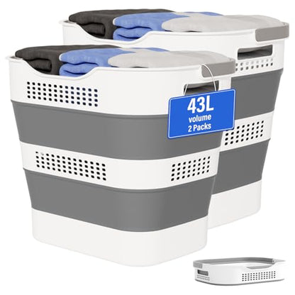 OOAMBB 43L+43L Collapsible Laundry Baskets plastic (Grey, 2 Packs) | Pop Up Laundry hamper/Storage Container, Foldable Laundry Basket with Handles, Durable,Space Saver