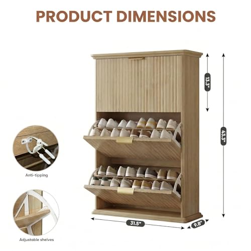 Natural Wood Hidden Shoe Storage Cabinet,Narrow Shoe Rack Cabinet with 3 Flip Drawers,Freestanding Shoe Organizer for Entryway - color: Oak, size: 31.5"D x 9.8W x 43.3"H（Fluted）