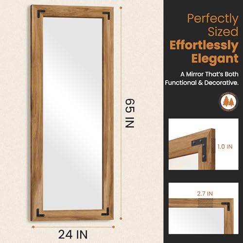 Wood Framed Full Length Mirror for Wall, 65"X24" Floor Standing Body Mirror | Solid Wood Frame, HD Shatterproof Glass, Hanging or Leaning Mirror for Bedroom, Living Room, & Entryway - size: 65"L x 24"W