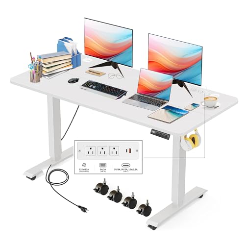 Electric Adjustable Height Standing Desk, 55×24 Inches Sit Stand Desk with Power Socket, 2 USB Ports, 3 Power Outlets, 4 Wheels,4 Memory Buttons Home Office Computer Workstations(White) - color: White, size: 55 x 24''