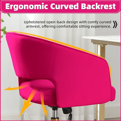 Desk Chair with Wheels, Gold Base, Velvet Accent Vanity Armchair, Hot Pink | Spacious‌ Soft Seat, Swivel Height Adjustable, Rocking Function, Modern Stripe for Girls &Women Bedroom Makeup or Nail - color: Hot Pink Velvet