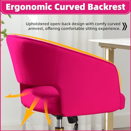 Desk Chair with Wheels, Gold Base, Velvet Accent Vanity Armchair, Hot Pink | Spacious‌ Soft Seat, Swivel Height Adjustable, Rocking Function, Modern Stripe for Girls &Women Bedroom Makeup or Nail - color: Hot Pink Velvet