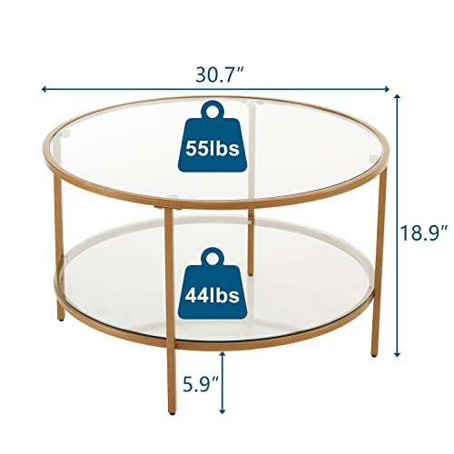 VINGLI 30" Glass Coffee Table, Round Coffee Tables Living Room, Matte Gold | 2-Tier Clear Coffee Table with Storage, Circle Side Table Metal Frame, Modern Center Table Mesa de Centro para Sala - color: Clear-matte Gold, size: 30.7"