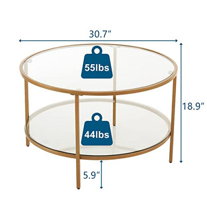 VINGLI 30" Glass Coffee Table, Round Coffee Tables Living Room, Matte Gold | 2-Tier Clear Coffee Table with Storage, Circle Side Table Metal Frame, Modern Center Table Mesa de Centro para Sala - color: Clear-matte Gold, size: 30.7"