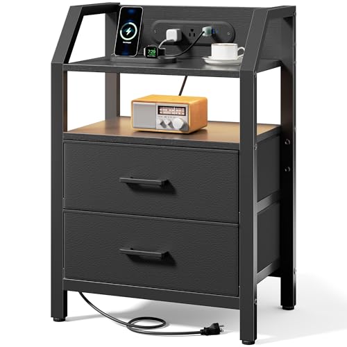 HLDIRECT Nightstand with Built-in Charging Station & Warm LED Light | 2 Fabric Drawers, FSC Wood, 66 lbs Capacity, 18.1"W x 11.5"D x 26"H, Adjustable Feet, for Bedroom, Dorm, Black - color: Black, size: 2 Drawers