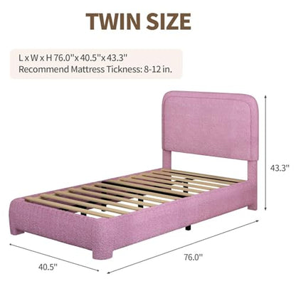 BarnFurin Twin Bed Frame, Cloud Boucle Headboard, Low Profile, Rose Pink | Soft boucle and rounded edges create a low-profile cloud look. Wooden slats support the mattress without a box spring - color: Rose Pink, size: Twin