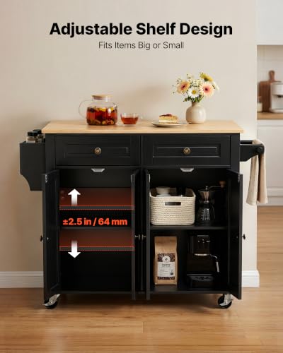 VEVOR Kitchen Island Cart with Storage, 43.58 in Wide Mobile Rolling Storage Island on Swivel Wheels, with 2 Drawers, Storage Cabinet, Drop Leaf, Spice/Towel Rack, Table for Home Dining Room, Black | Home Dining Meal Prep Station With Spice Towel Rack Hoo