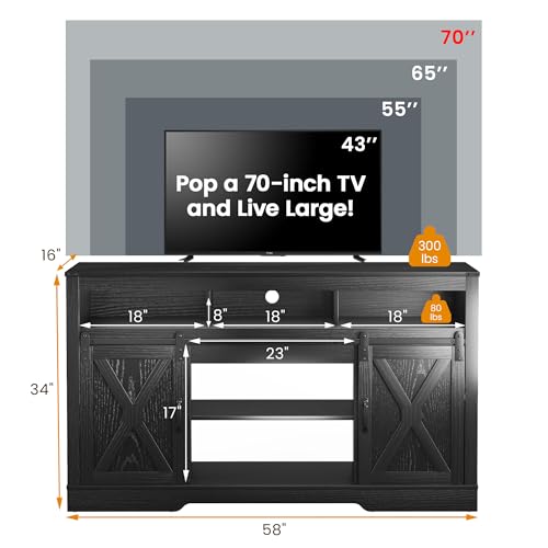 RoyalCraft Farmhouse TV Stand with Sliding Barn Door for TVs up to 65+ Inch, 34" Tall Entertainment Center, Wood Media Console Storage Cabinet for Bedroom, Living Room, Black - color: Black1, style: Without Fireplace